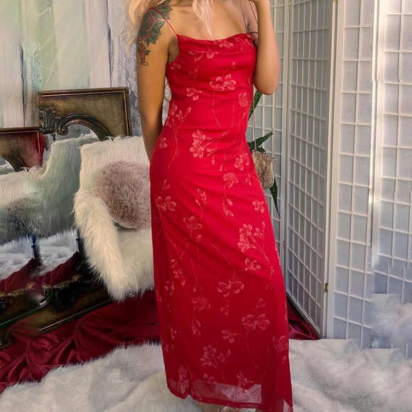 SOLD • 90s Holly Sparkle Floral Bodycon Maxi Dress - Picture 2 of 7